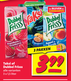  dubbelfrisss taksi fruitdrank 3 10 dubbel suiker fruit frisss framboos cranberry appel 1 5 liter merlijn pakken 3.99 