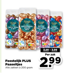  plus huismerk paaseitjes 200 feestelijk gevulde eitjes melk puur wit stroopwafel praline massieve assorti fairtrade zakken zak 