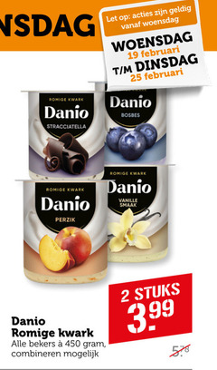  danone danio kwark 2 19 25 450 romige stracciatella let woensdag bosbes perzik vanille bekers combineren stuks 3.99 