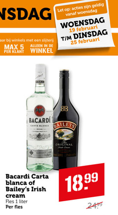  baileys bacardi likeur rum 1 5 19 25 28 winkels slijterij let woensdag carta blanca superior white original irish cream fles liter 