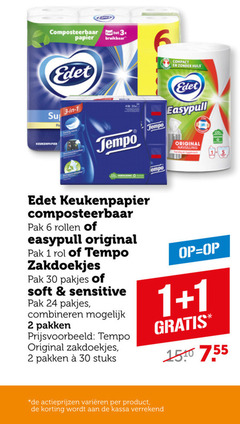  edet tempo zakdoeken keukenpapier 1 2 3 6 24 30 composteerbaar vel 3x papier bruikbaar compact huls easypull pak rollen original rol zakdoekjes soft sensitive combineren pakken stuks varieeren kassa navulling hygienisch 