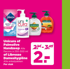  libresse palmolive unicura inlegkruisjes maandverband handzeep 2 32 dailies fresh regular liners uni cora savon mains balance hygiene ml enkelpakken stuk 