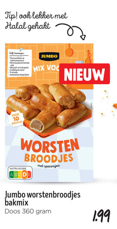  2 10 150 300 360 tip halal gehakt room boter kamertemperatuur ml lauwwarme halfvolle melk eieren water bloem jumbo mix voc broodjes worsten nutri score specerijen worstenbroodjes bakmix doos 