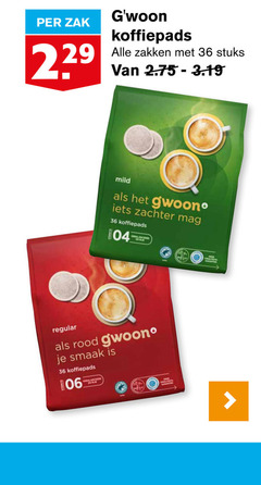  gwoon koffiepads 36 zak zakken stuks mild blue regular rood 