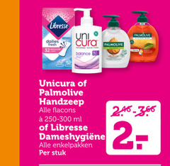  libresse palmolive unicura handzeep maandverband inlegkruisjes 32 dailies fresh regular uni cura savon mains balance ml enkelpakken stuk 