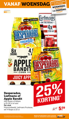  liefmans apple bandit desperados appelcider speciaalbieren 4 18 25 26 40 250 woensdag jaar legitimatie alcohol nix18 virgin 0.0 gearomatiseerd citrus let fruitesse 4x ml 6x 300ml cider juicy original beer flavoured with blikjes stuk varieeren kassa online 