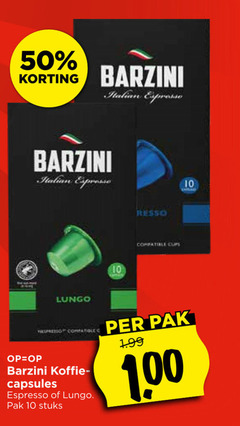  barzini koffiecups 10 50 italian espresso lungo compatible koffie capsules pak stuks 1 00 