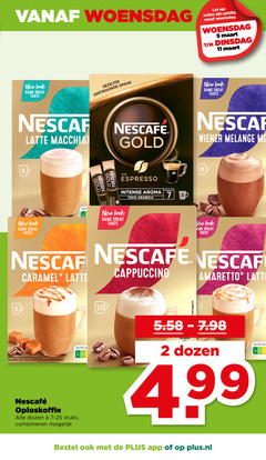  nescafe oploskoffie 2 5 7 8 10 11 100 woensdag new same taste latte dezelfde vertrouwde gold let wiener melange espresso intense aroma arabica intensiteit caramel cappuccino amaretto karamelsmaak sabor caramelo nutri abc dozen stuks combineren plus.nl 