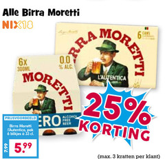  birra moretti blikjes bier krat 3 6 25 33 nix18 6x 0.0 300ml pak 5.99 pero free beer kratten 