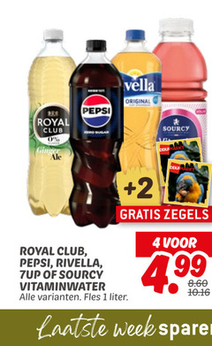  rivella royal club 7-up pepsi cola frisdrank 1 4 ginger original zero sugar sourcy vitaminwater 2 deka zegels fles liter week sparen 