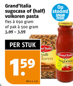  grand italia fusilli pastasaus pasta 500 sugocasa volkoren fles pak stuk 15 kilo v.a. koren real stoom spaar zegel 